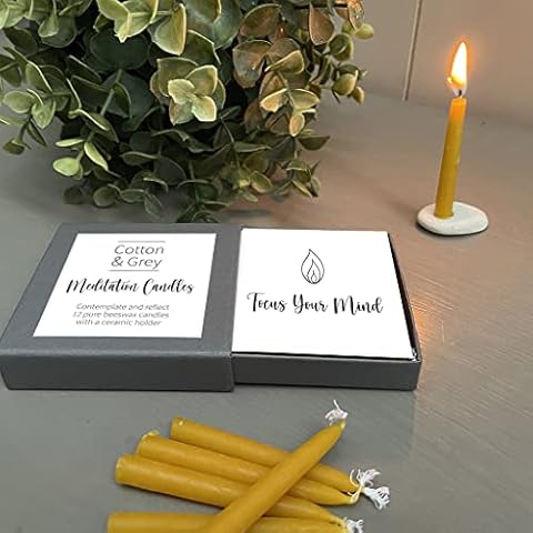 Meditation Candles by Cotton & Grey. The Power of Om…12 Pure Beeswax Candles and a Ceramic Holder to aid Relaxation, Mindfulness and Well-Being Cover