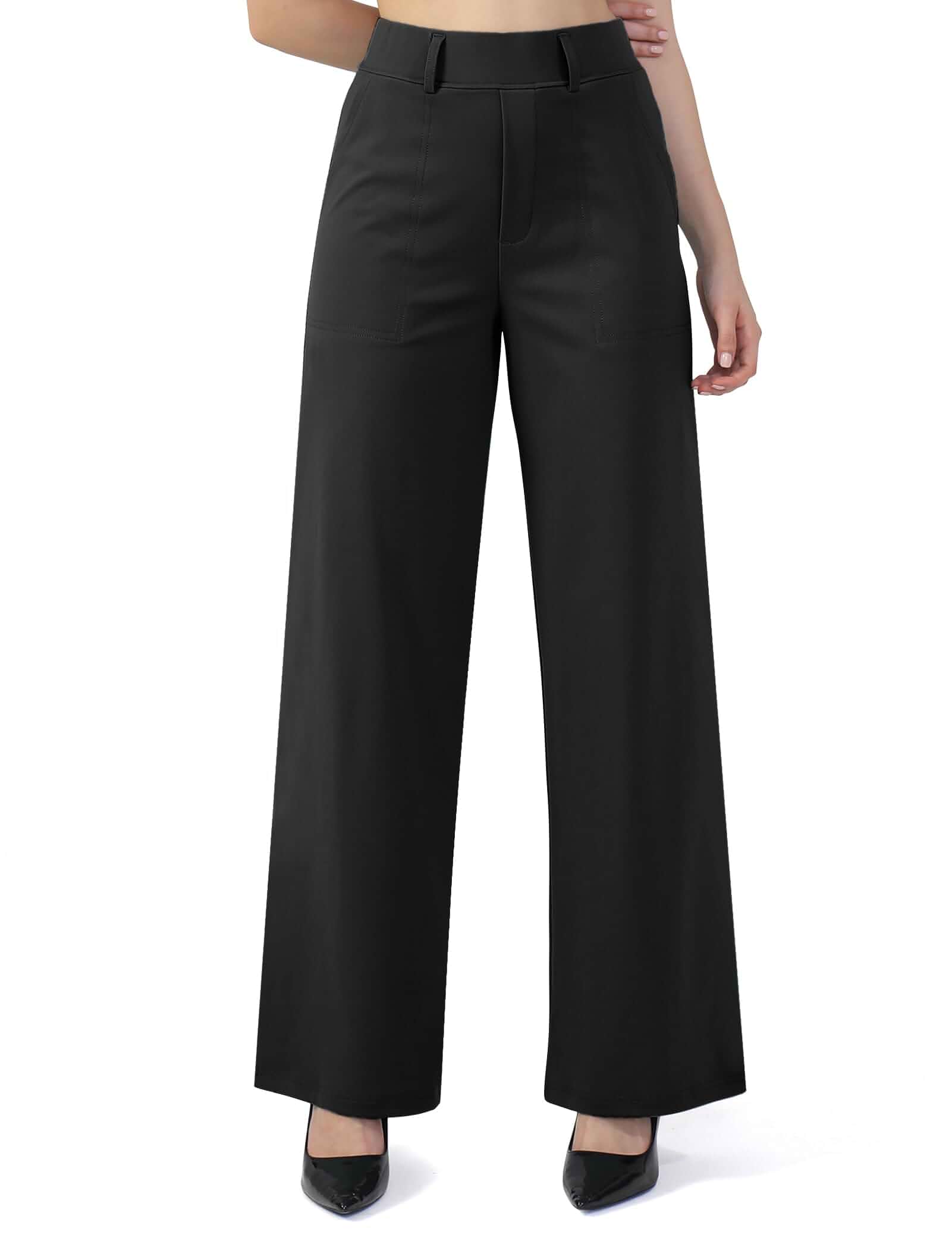 Womens Wide Straight Leg Work Pants Pull On Dress Pants Business Casual Trousers Slacks with Pockets 29" Inseam