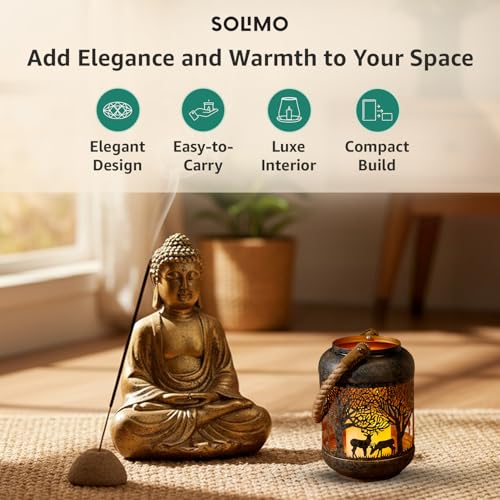 Image of Amazon Brand - Solimo Tea Light Lantern - Round Deer Design, Brown Antique Iron with Gold Interior (Size: L-15 cm x W-15 cm x H-23 cm)