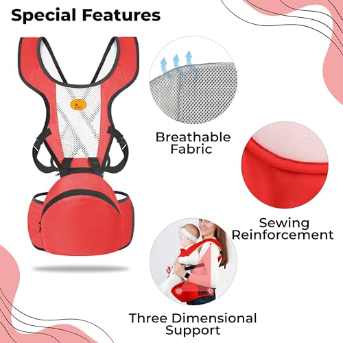 Image of Bembika Baby Carrier Newborn to Toddler with Hip Seat Multiple Positions Infant Carrier Soft Baby Holder Kangaroo Bag Sling Carrier for All Seasons - Red