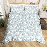 Erosebridal Kids Rabbit Comforter Cover Cute Easter Rabbit Carrot Bedding Set Twin Size for Boys Girls Kawaii Animal Bunny Blue Bedspread 2 Pcs Spring Flowers Duvet Cover with 1 Pillowcase