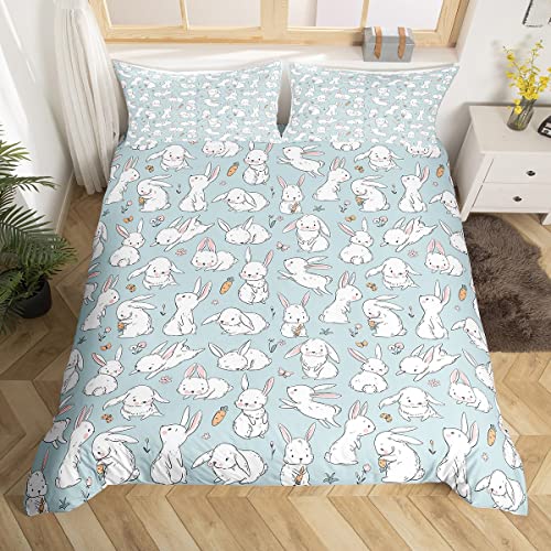 Erosebridal Kids Rabbit Comforter Cover Cute Easter Rabbit Carrot Bedding Set Twin Size for Boys Girls Kawaii Animal Bunny Blue Bedspread 2 Pcs Spring Flowers Duvet Cover with 1 Pillowcase