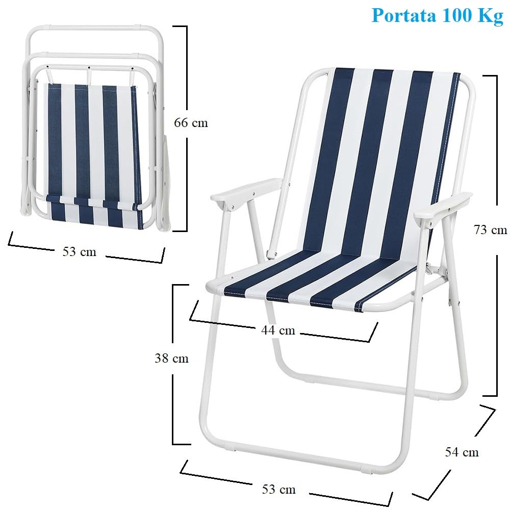 VIRSUS Sedia Pieghevole da Spiaggia 6440, 53x54x73 cm, Bianco e Blu, Spiaggina in Tessuto Traspirante con Braccioli