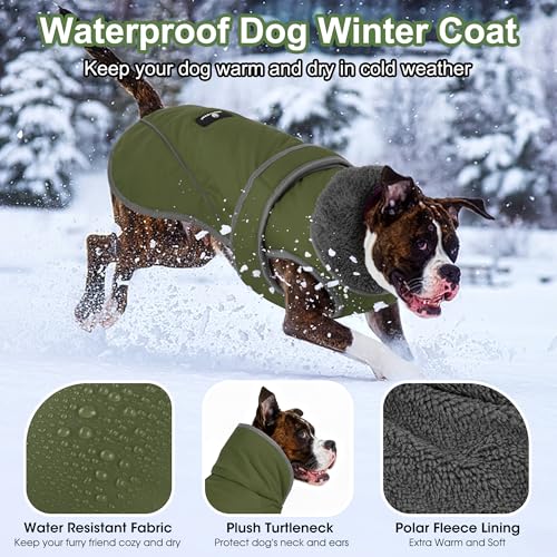 Image of Dogcheer Dog Coat, Waterproof Dog Jacket Reflective Pet Winter Coat with Adjustable Hook & Loop, Christmas Puppy Fleece Jacket Warm Turtleneck Snowsuit for Small Medium Large Dogs - Green, 2XL