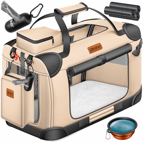 LOVPET® Transportbox Hund Katze Transporttasche XXL 92x64x64cm | Hunde-Tragetasche Faltbare Katzentasche | Haustier-Transportbox inkl. Hundenapf & Schultergurt | für Katzen & Hunde Beige