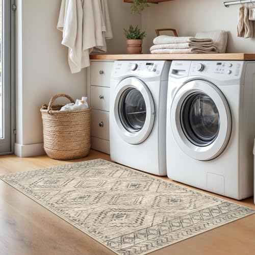 KILOCOCO Boho Entryway Rug 3x5 Area Rug Washable Non Slip Throw Rugs Soft for Kitchen Living Room Dining Bedroom Geometric Moroccan Carpet, Beige/Gray/Green