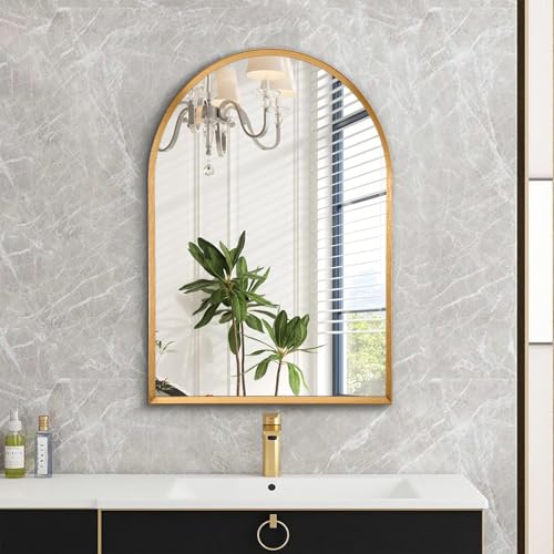 Image of Arched Mirrors for Wall, White Bathroom Mirror Brushed Metal Vanity Wall Mounted Mirror for LivingRoom Bedroom Entryway Room Vanity Home Decor 26 inchx18 inch