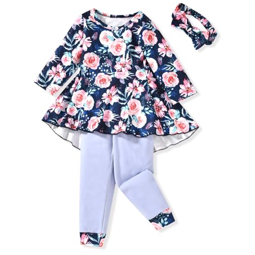 Image of fioukiay Fall Winter 7t Toddler Girl Clothes Little Girl Floral Ruffle Flare Dress Top Legging Pants Set Girls Clothing Outfits