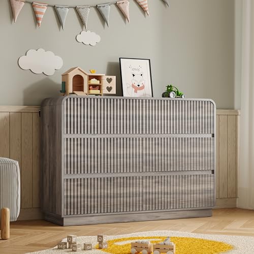 Image of BORNOON Dresser for Bedroom with 6 Drawers, Fluted Chest of Drawers with Round Curved Corner, Hidden Handles, Modern Wood Storage Organizer for Bedroom, Nursery, Living Room