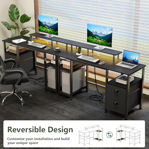 Image of Furologee 51 inch Gaming Desk with Power Outlets & LED Lights, Reversible Computer Desk with File Cabinet & Monitor Stand for Home Office, Large Work Table with Storage Shelves & Drawer, Black