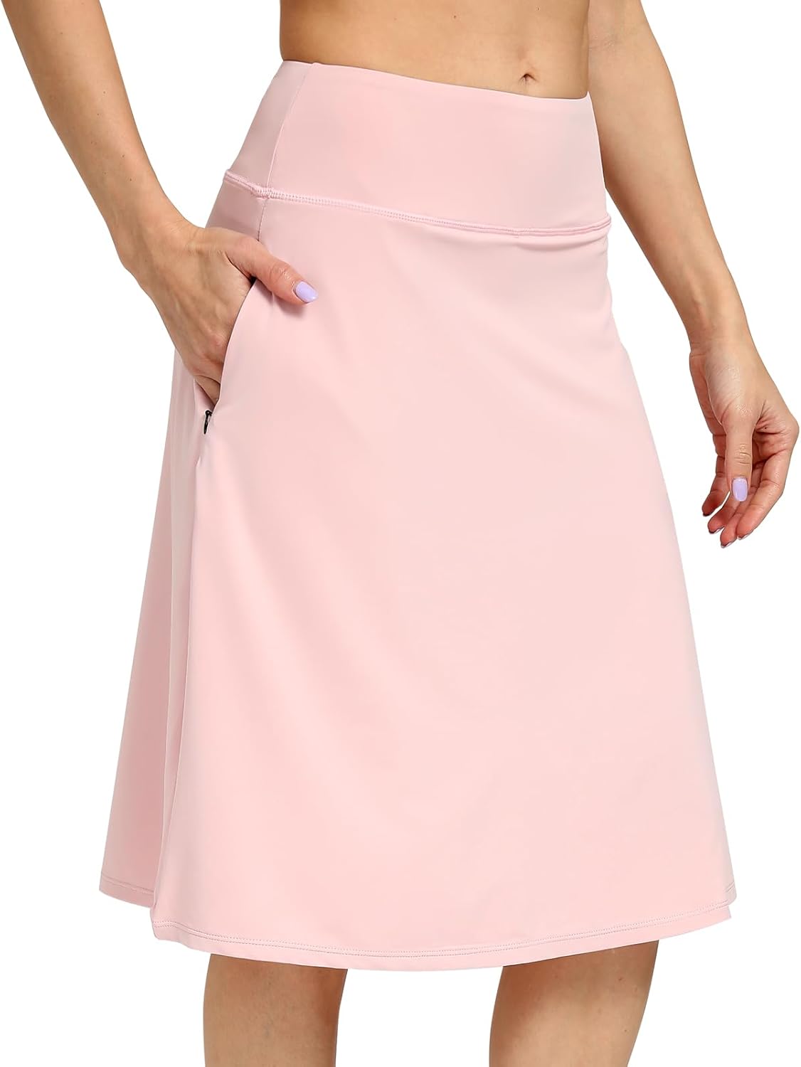 Womens Midi Knee-Length Skirt with Built-in Skorts Hidden Drawstring Zippered Pockets Appropriate for Working Casual Office