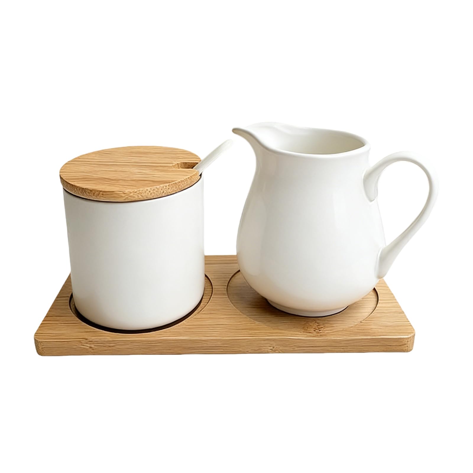 GOMETY Juego de leche y azúcar con tapa y cuchara, jarra de leche de cerámica y azucarero con bandeja de madera, apta para lavavajillas y microondas, para café y capuchino (blanco)