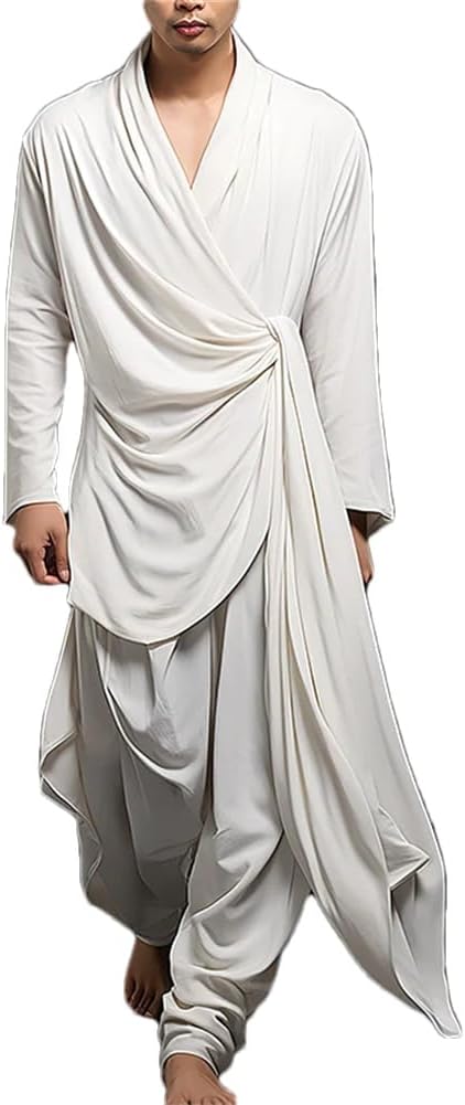 Generic Men Irregular Sets Solid V Neck Long Sleeve Lace Up Shirt And Pants Two Pieces Sets Casual Suits