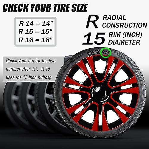 Image of Red Hubcap Wheel Cover Replacement Kit 15 inch Hub Caps Wheel Rim Cover Car Exterior Accessories Pack of 4, 15 Inches
