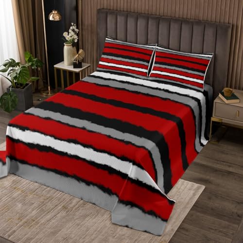 Loussiesd Juego de colcha de rayas de tamaño King, color rojo, negro y gris, para niños y niñas, decoración geométrica, colcha acolchada de microfibra moderna a rayas para dormitorio