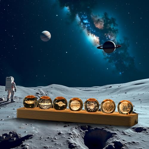 Set of 7 Planet Crystal Ball Night Light 1.57-inch Solar System Galaxy Decorative Balls with LED Wooden Base for Meditation Positive Energy Decor
