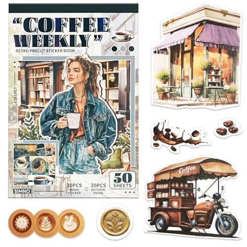 400 Precut Washi Stickers + 20 Sheets Journal Supplies Paper (Vintage Coffee Shop Theme) - Vintage Coffee Scrapbooking Decorations Suitable for Bullet Journals Collages and Various Occasions.
