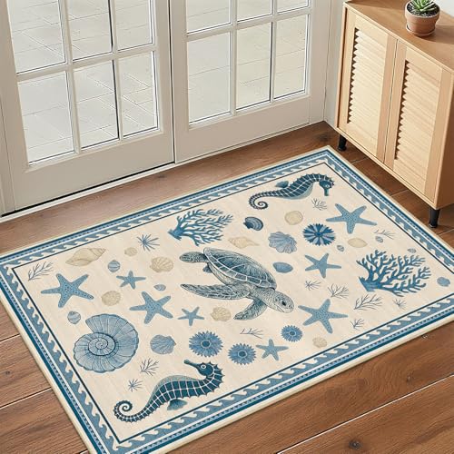 Coastal Nautical Rug 2x3 for Entryway Sea Turtle Starfish Seashell