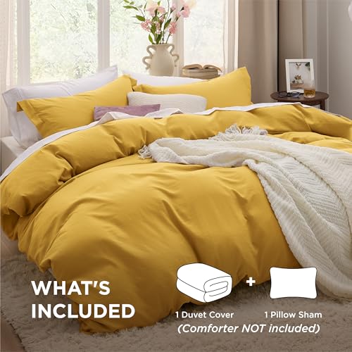 Image of Bedsure Mustard Yellow Duvet Cover Twin /Twin XL Size - 2 Pieces Prewashed Cotton-Like Extra Soft Bedding Set, Includes 1 Twin Duvet Cover 68x90 Inches with Zipper Closure & 1 Pillow Sham, No Comforter