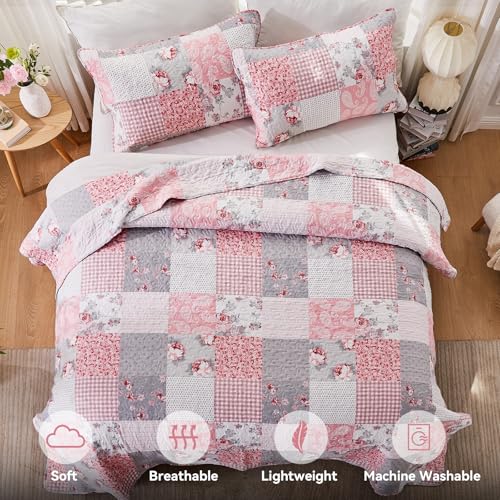 Couvre-lit matelassé floral rose et carreaux gris avec ses 2 taies d'oreiller assorties