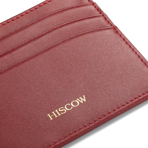 Image of HISCOW Slim Full Grain Leather Card Holder, Wine Red | Men's minimalist EDC wallet, front pocket carry, 6 credit card slots & center pocket, fits folded bills, premium gift box