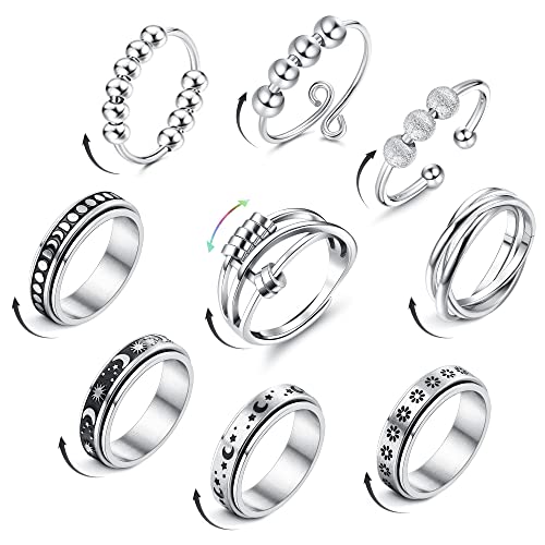 Jstyle Fidget Rings for Anxiety 9pcs Stainless Steel Anti Anxiety Spinner Ring with Beads Moon Star Triple Interlocked Rolling Flower Cool Stress Relieving Band Rings Set for Women Men 9