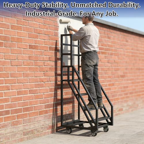 Image of 4 Step Mobile Home Stairs,39.3 inch W x 23.6 inch D x 78.7 inch H Movable Industrial Rolling Stairs,Handrails Anti Slip Storehouse Stair Ladder with Wheel,Suitable for Libraries Storehouse