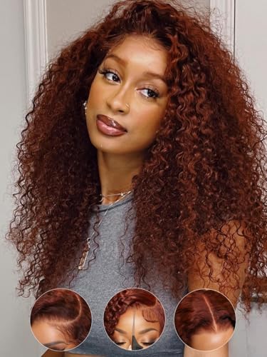 Image of 7x5 Curly Reddish Brown Glueless Wigs Human Hair Pre Plucked Pre Cut 18 Inch Put on and Go HD Lace Front Wig 180% Density Upgrade Bye Bye Slip Drawstring Curly Human Hair Finger Curls Wigs for Women