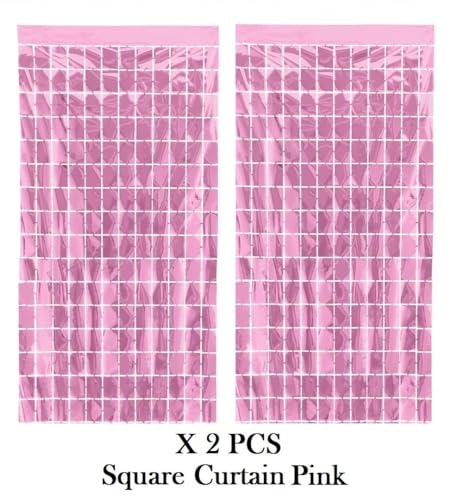 Image of AMFIN (Pack of 2) Square Foil Curtains for Birthday Decoration Photo Booth Props Backdrop Baby Shower Bachelorette Party Decoration - Pink