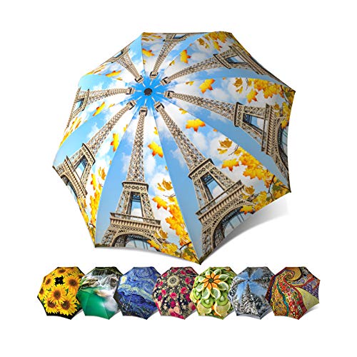 French Umbrella Windproof Compact Travel Themed Gift - Brand Umbrella for Women - Lightweight Portable Rain Umbrella - Eiffel Tower Umbrella Paris Design - Folding Fashion Umbrella with Sleeve by LB