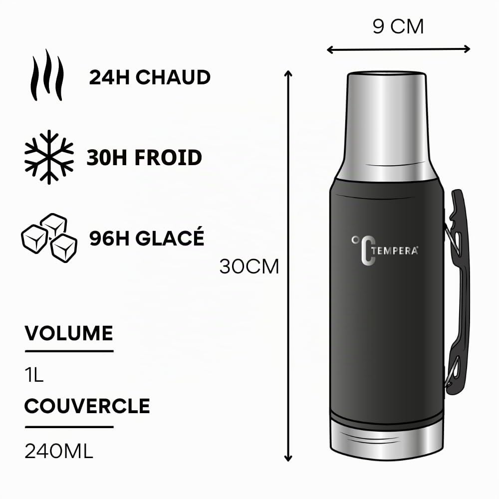 TEMPERA Thermos à maté - 1L | Double Paroi Acier inoxydable, Sans BPA | Calebasse/Gobelet 240ml intégrée | Garde le chaud 24h, Froid 30h | Verseur de précision à gâchette | Maté - Thé - Café