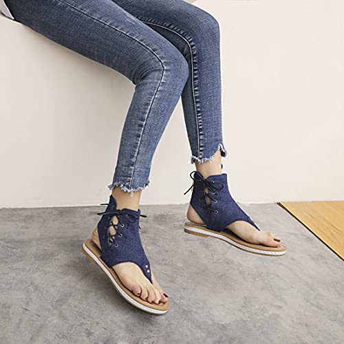 VOKLIN Women's Casual Denim Flat Sandals Booties Lace Up Zipper Comfort Summer Beach Thong Flip Flops Shoes3