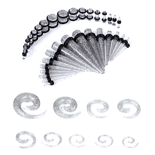 BodyJ4You 54PC Ear Stretching Kit - 14G-00G Beginner Gauges - Grey Glitter Acrylic Tapers Spirals No Flare Plugs O-Rings - Lightweight Expanders Unisex Men Women
