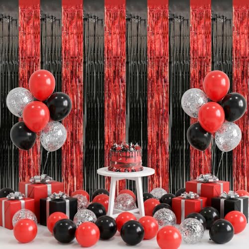 Image of 2 Pack Fringe Curtains Backdrops, Foil Fringe Curtains, Door Streamers for Birthday Wedding Bridal Shower Holiday Graduation Party Decorations Black Red