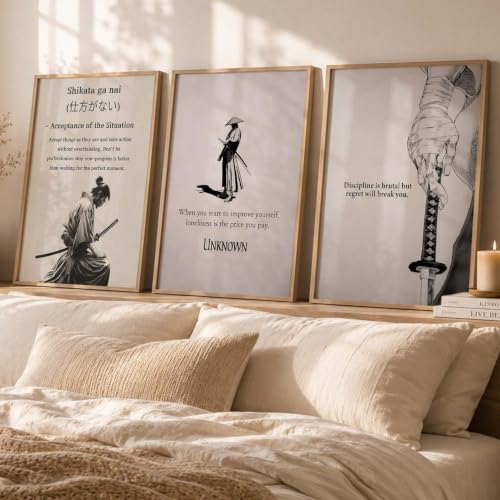 Image of kotart Japanese Samurai Motivational Art Wall Framed Posters | Aesthetic Japanese Theme Framed Poster for Living Room Bedroom Gaming Room Studio Wall Decor Set Of 3 (13X17 inch)