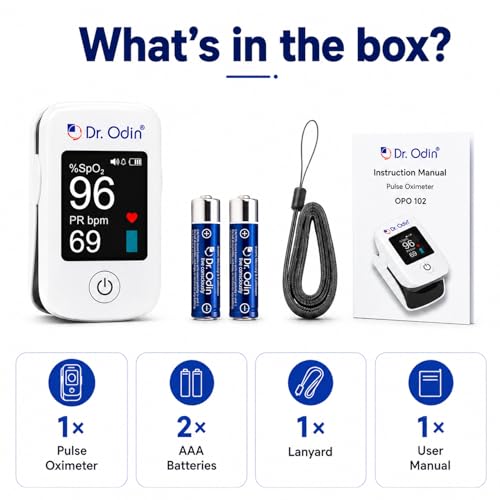 Image of Dr. Odin OPO102 Fingertip Pulse Oximeter Measures SpO2, Pulse Rate & Perfusion Index with OLED Display, Adjustable Brightness, Beep Alarm & Auto Power Off (White)
