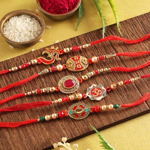 Set of 5 Rakhi for Brother & Sister Om Rakhi | Raksha bandhan Designer Rakhi Bracelet for Brother Kundan Rakhi for Bhaiya Rakhi with Greeting Card & Roli Chawal2