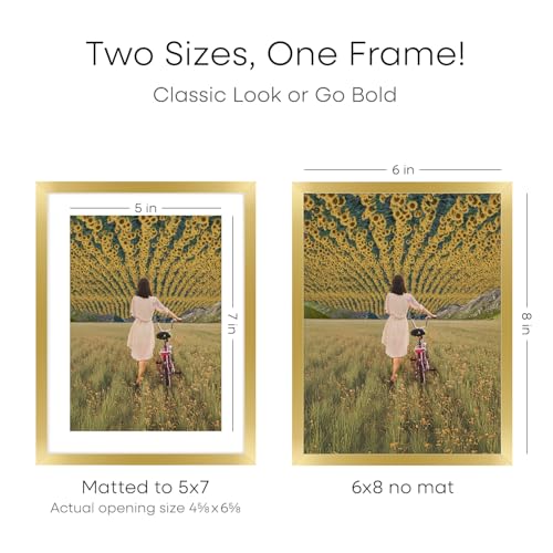 Image of Homeforia 6x8 Gold Picture Frame, High-End Metal, 5x7 Mat, Glass | High End Aluminum, Tempered Glass, Acid-Free 5x7 Removable Mat, 6x8 in Edge-to-Edge Display 8x6, Wall Kit, Set Of 2