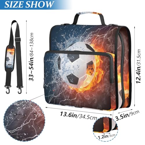 Image of Water Fire Soccer Zipper Binder Bag 3 Ring Binder with Shoulder Strap Zip Up 500 Sheets Capacity Multi Pockets for School Office Supplies