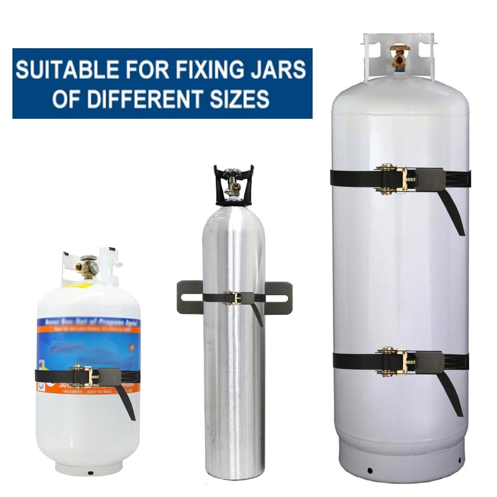 Support de réservoir de propane, supports muraux pour cylindre, sangles à cliquet (2 m), support de bouteille de gaz en acier, support mural robuste (blanc 2)