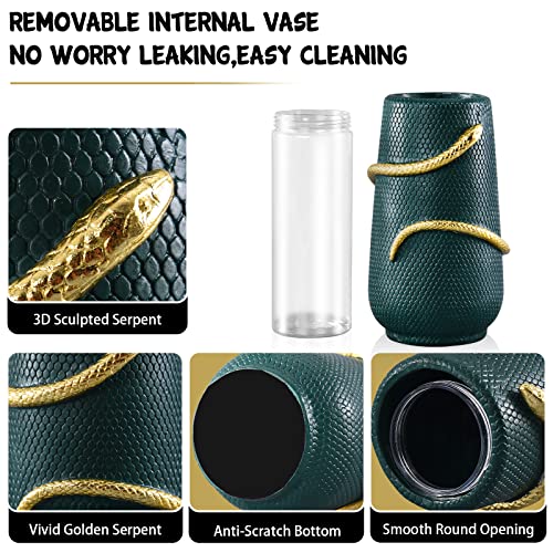 Flower Vase 8 Inch Green And Gold Snake Vases For Decor, Modern Unique Vase For Bookshelf, Dinner Table, Living Room, Mantel,Boho Decor (Upgraded) #TOP4