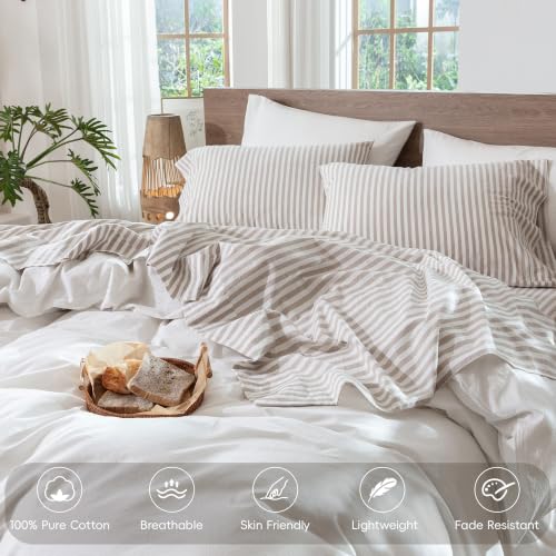 Image of MooMee Striped Sheet Set 100% Washed Cotton Linen Like Queen | Relaxed Linen-like Texture. Soft, Breathable & Lightweight Comfort. 15-19 inch Extra Deep Pocket with All-around Elastic