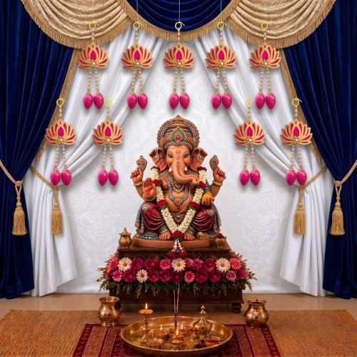 Image of JH Gallery Golden Lotus Latkan - Ganesh Chaturthi Decoration Items for Home, Handmade Ganpati Makhar & Mandap Backdrop, Temple & Wall Hanging Decor (13 Inch, Pack of 10)