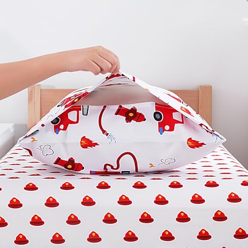Image of Viviland Toddler Comforter Sets, 4 Pieces Bedding Sets, Fire Engine | Microfiber Truck Bed Set, Boys, Breathable & Soft, Comforter, Bed Sheet, Fitted Sheet and Pillowcase, Machine Washable