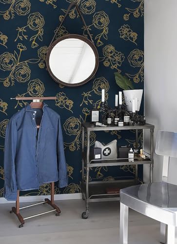 Rylan 45 * 900 Peel and Stick Wallpaper Gold and White Contact Paper Floral Wallpaper Self Adhesive Removable Wallpaper for Bedroom Covering Vinyl Rolls(Blue & Gold)