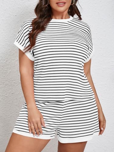 Image of Beautife Womens Plus Size Lounge Set 2 Piece Outfits Stripe Short Sleeve Shirts Tops Shorts Summer Casual Loungewear