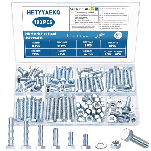 100 Pcs M8 Hex Bolts and Nuts Set Machine Screws Assorted Nuts and Bolts Set with Washers Nut and Bolt Assortment for Repair Maintenance and DIY