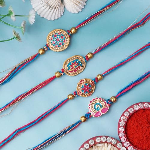 Image of eCraftIndia Set of 4 Lord Ganesha Peacock Krishna & Kalash Designer Rakhis for Brother Bhaiya Bhai | Roli Chawal Pack