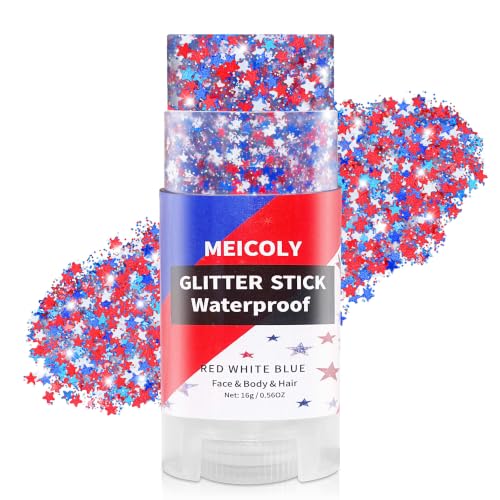 MEICOLY Patriotic Red White and Blue Star Hair Face Glitter Stick 4th of July Body Glitter Stick Waterproof Women Sparkle Rave Accessories for 250th USA American Independence Day