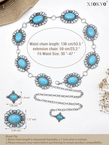 Bling Rhinestone Concho Belt Silver Metal Boho Turquoise Belts Western Crystal Waist Chain Belt for Women Dress2